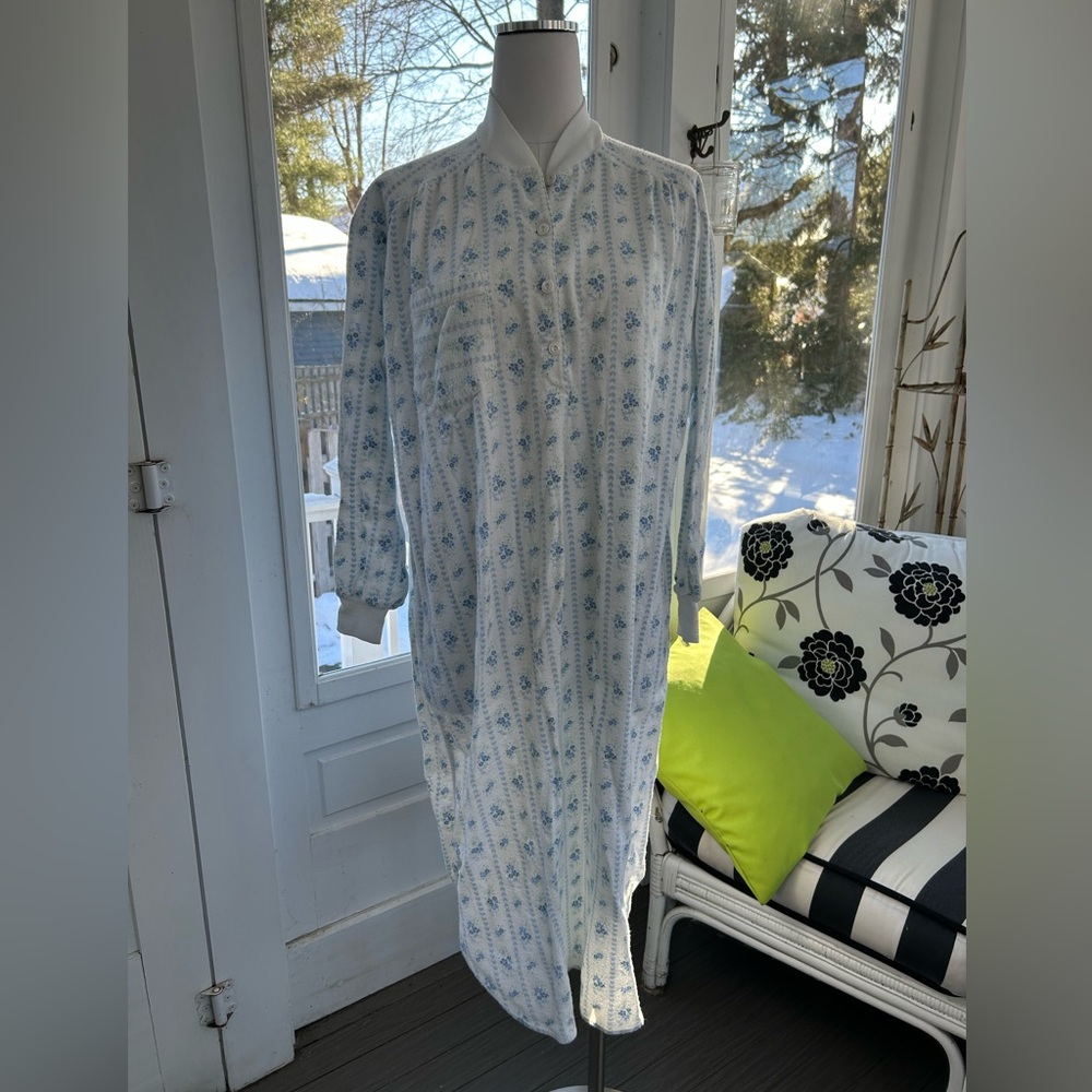 Vintage Accentuette "Made in U.S.A." Blue and Green Floral Flannel Nightgown